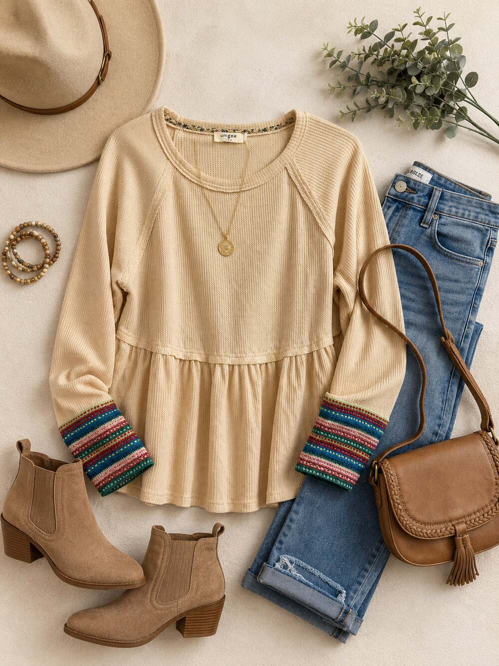 Umgee Waffle Knit Ruffle Long Sleeve Top - Natural Sz M